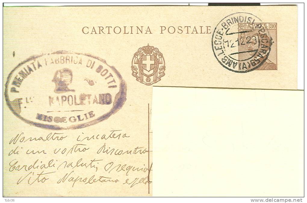 NAPOLETANO  - BISCEGLIE - CARTOLINA COMMERCIALE VIAGGIATA  1929 - TIMBRO AMB. LECCE BRINDISI PESCARA  59 (A) - Bisceglie