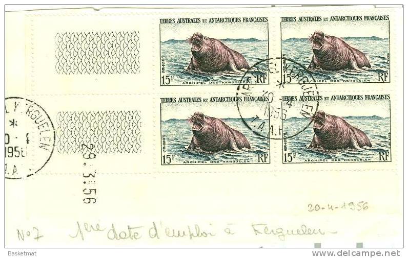 TAAF ENV PORT AUX FRANCAIS KERGUELEN  1 JOUR 30/4/1956 BLOS DE 4 ELEPHANT DE MER COIN DATE DU 29/3/56  TIMBRE N° 7 - Lettres & Documents