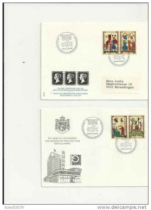 LIECHTENSTEIN  1970 PHILYMPIA LONDON 1970 - SET OF 2 FDC (EACH WITH 2 STAMPS YVERT 478-A-B-C-D) POSTMARKED SWISS CENTER - Lettres & Documents
