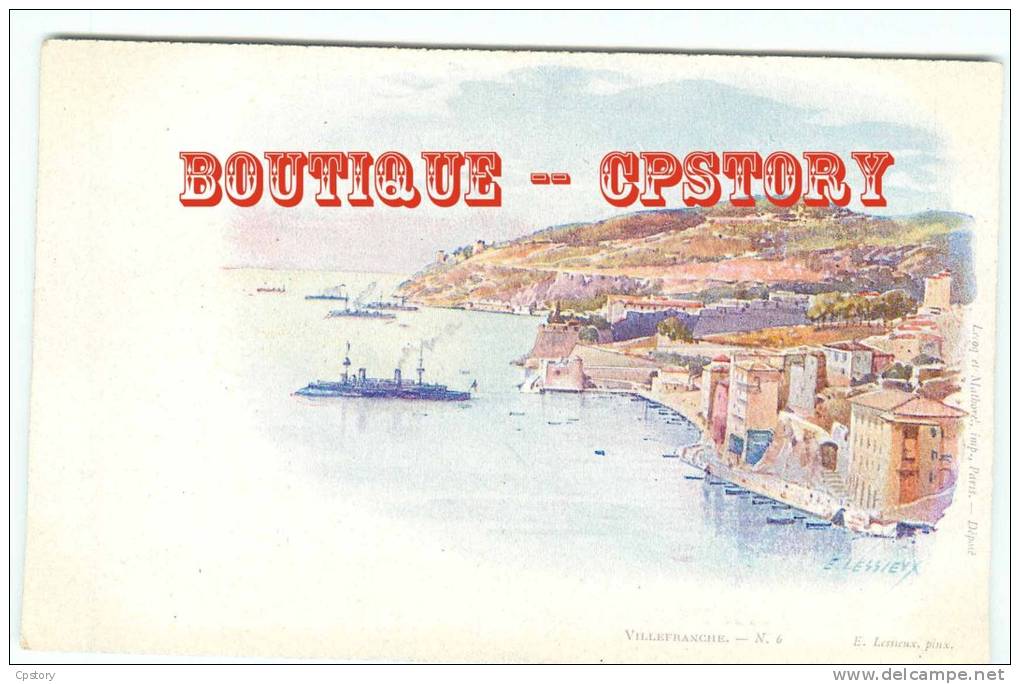 LESSIEUX - Carte Aquarellée De La Rade De Villefranche Avec Un Navire Cuirassé - Carte 1900 - Dos Scané - Lessieux
