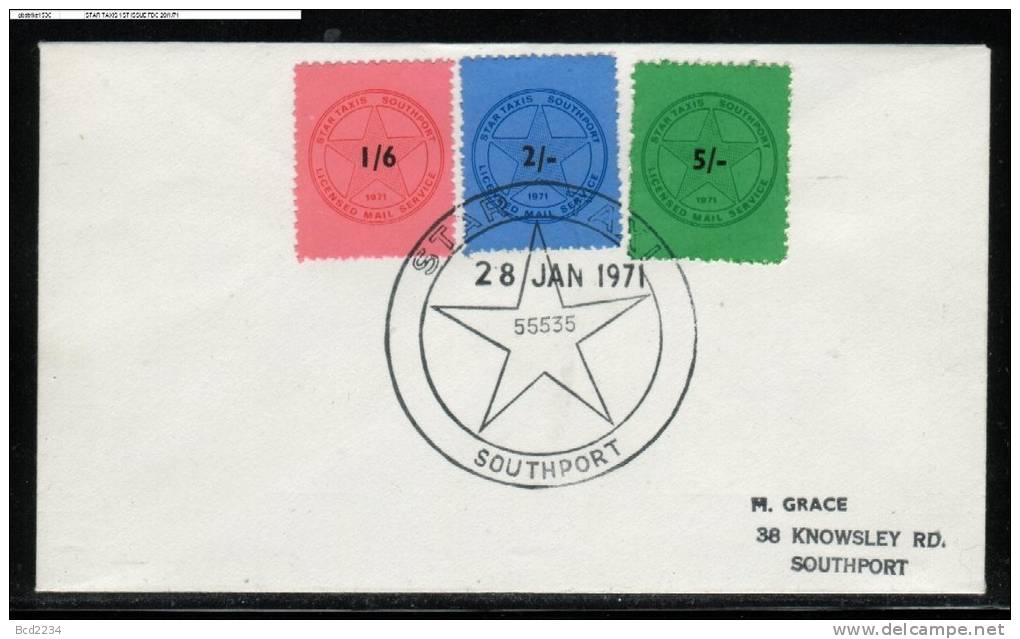 GB STRIKE MAIL (STAR TAXIS SOUTHPORT LICENSED MAIL SERVICE) 1ST ISSUE SET OF 3 FDC 28 JANUARY 1971 Cars Transport - Cinderellas