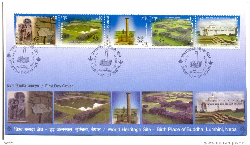 2009 NEPAL WORLD HERITAGE SITE BIRTH PLACE OF BUDDHA LUMBINI FDC WITH LEAFLET. - Buddhismus