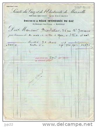 Facture Société Du Gaz & De L'Electricité  De Marseille Du 31-03-1931 - Direction De La Régie Intéressée Du Gaz - Electricité & Gaz