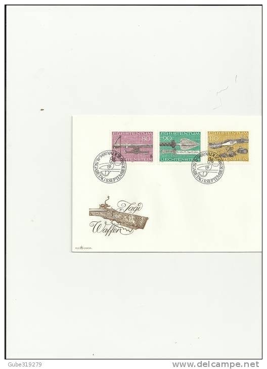 LIECHTENSTEIN 1980- FDC HUNTING ARMS WITH 3 STAMPS OF CHF 0,80-0,90-1,10 YVERT 692/694 POSTMARKED.8-9-1980 RE 5 LC GN - Brieven En Documenten