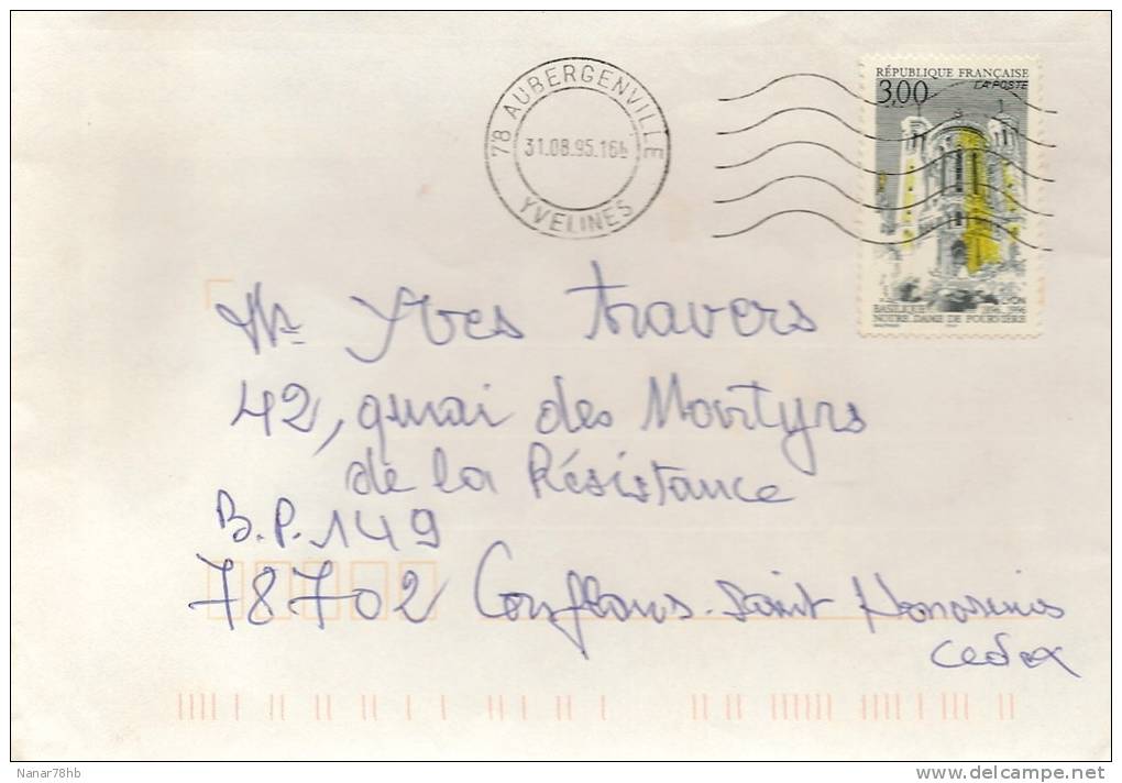 Timbre Seul Sur Lettre N°3022 Basilique Notre Dame De Fourvière De 1996 Avec Oblitération Du 31/08/1995 - Storia Postale