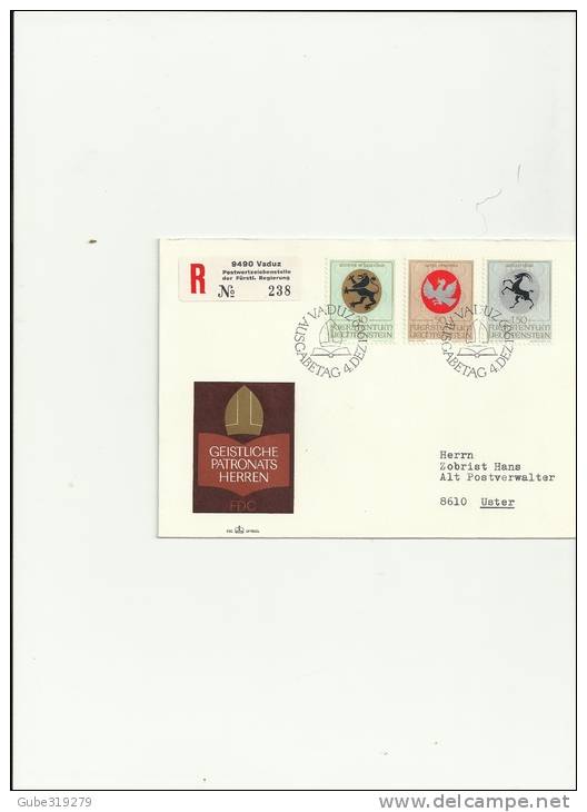 LIECHTENSTEIN 1969- FDC COAT OF ARMS WITH 3 STAMPS OFCHF  0,30-0,50-1,50 YVERT 462/464 REGISTER POSTM..4-121969RE 9LC GN - Covers & Documents
