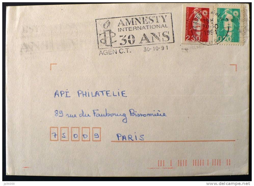 FRANCE: Flamme 30 ANS AMNESTY INTERNATIONAL Agen 30/10/1991. - Sonstige & Ohne Zuordnung