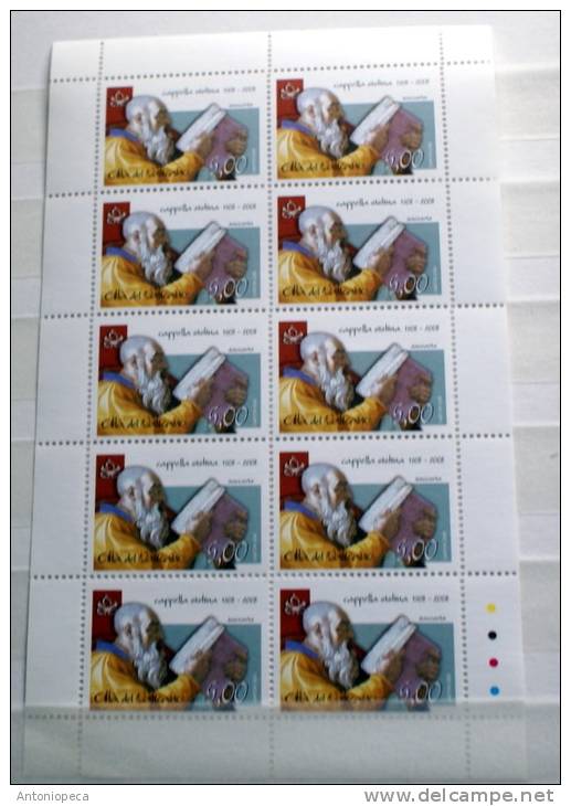 VATICANO 2008 - 8  SPLENDID SHEETS OF 10, 5TH CENTENARY CAPPELLA SISTINA MNH** CV 230 - Blocks & Kleinbögen