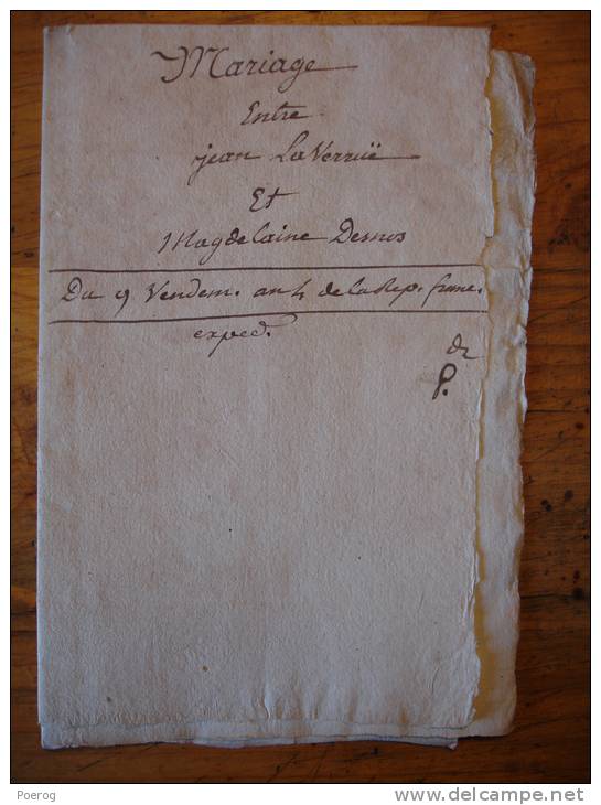 ACTE MARIAGE MANUSCRIT 9 VENDEMIAIRE AN 4 (1er OCOTBRE 1795) - JEAN LAVERRUE CABARETIER A OLLIERGUES & MAGDELEINE DESNOS - Manuscrits