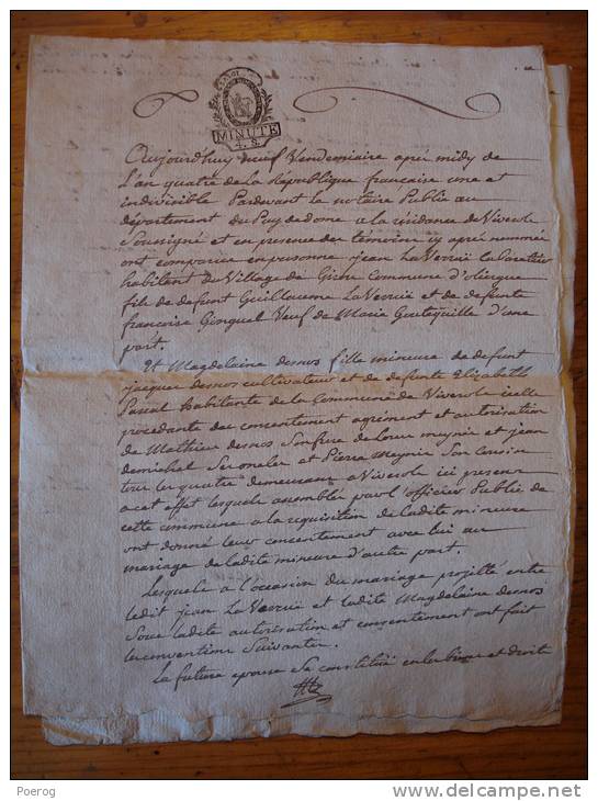 ACTE MARIAGE MANUSCRIT 9 VENDEMIAIRE AN 4 (1er OCOTBRE 1795) - JEAN LAVERRUE CABARETIER A OLLIERGUES & MAGDELEINE DESNOS - Manuskripte