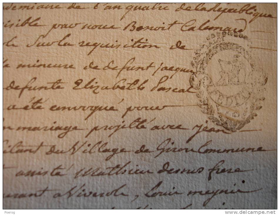 ACTE MARIAGE MANUSCRIT 9 VENDEMIAIRE AN 4 (1er OCOTBRE 1795) - JEAN LAVERRUE CABARETIER A OLLIERGUES & MAGDELEINE DESNOS