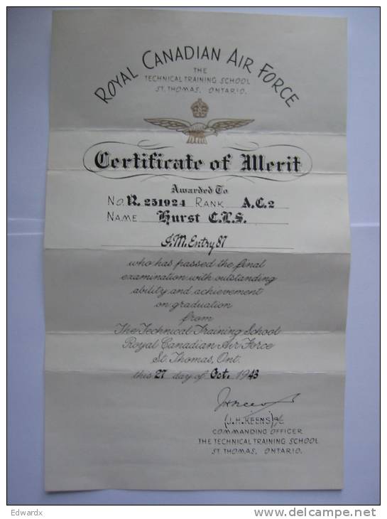 RCAF Royal Canadian Air Force 1943 WW2 Certificate Of Merit For Cuthbert Lawrence Stancliffe HURST - Documents Historiques