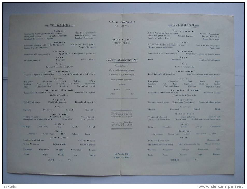 Lloyd Triestino Line 1st First Class Menu 19 August 1964 M/V Asia - Menus