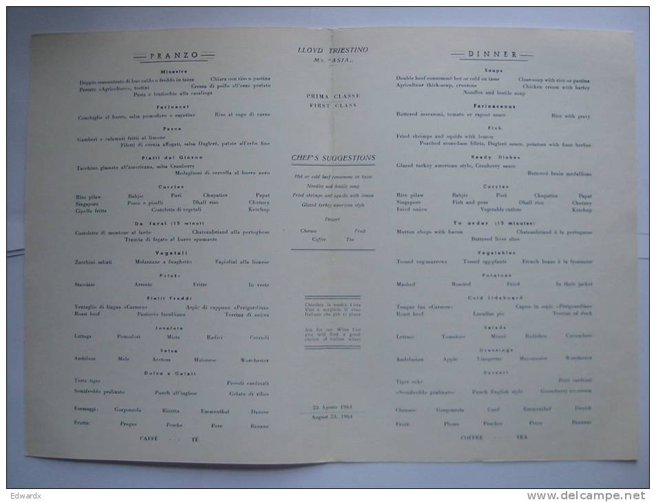 Lloyd Triestino Line 1st First Class Menu 23 August 1964 M/V Asia - Menus