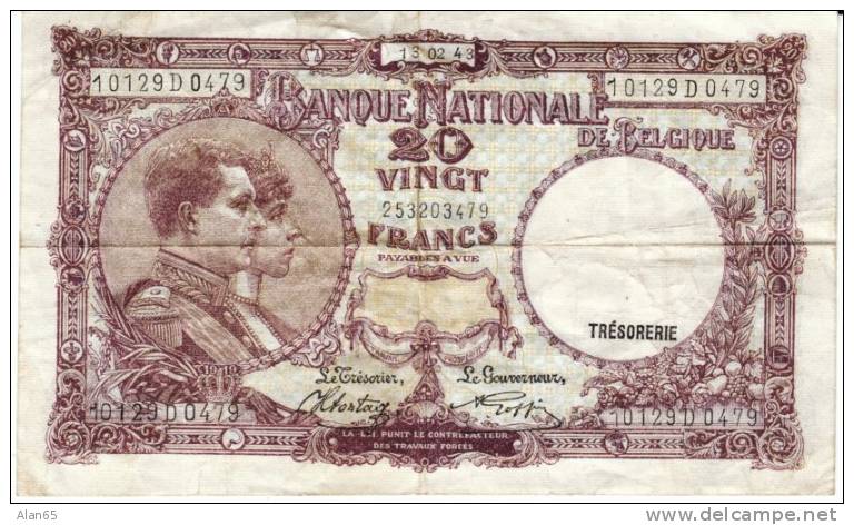 Belgium #111 20 Franc Banknote Currency, 13.02.43 1943 - 20 Franchi