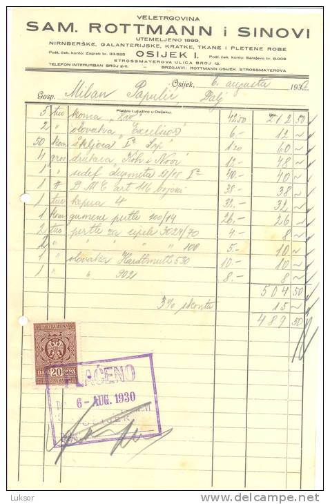 JUDAICA OSIJEK  I ,Sam ROTTMANN  I1930 Invoice - Other & Unclassified