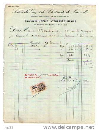 Facture Société Du Gaz & De L'Electricité  De Marseille Du 31-12-1931 - Direction De La Régie Intéressée Du Gaz - Fiscal - Electricity & Gas