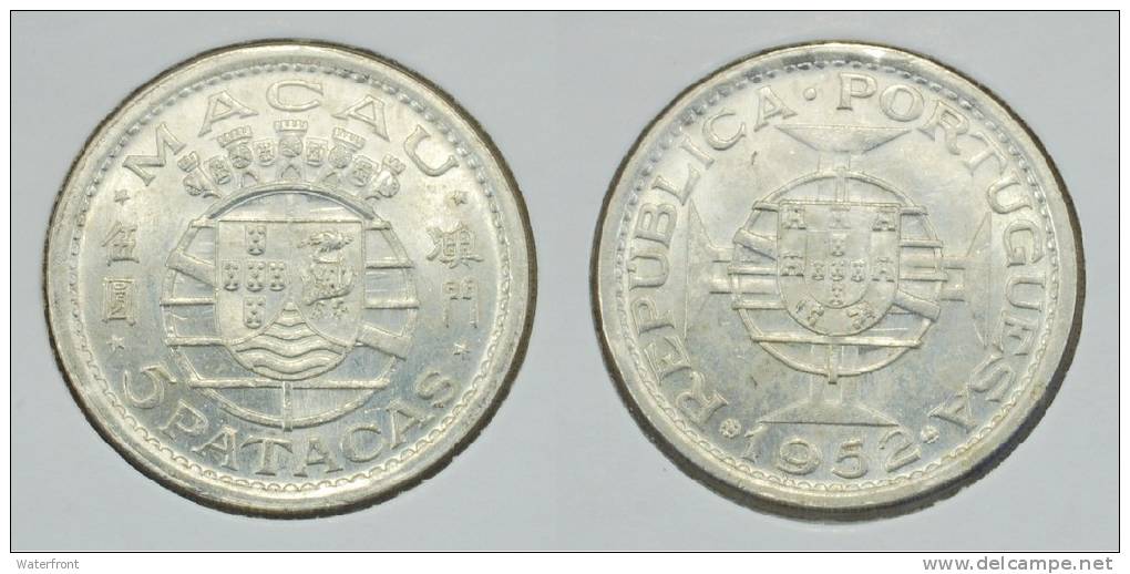 MACAO - 5 Patacas 1952 - 15 G Silver .720 - SCARCE - UNC (see Scan) - Macao