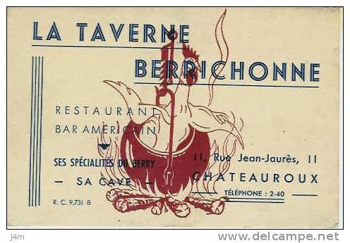36/ INDRE...Carte De Visite " La Taverne Berrichonne" Rue Jean Jaurès à CHATEAUROUX - Cartes De Visite