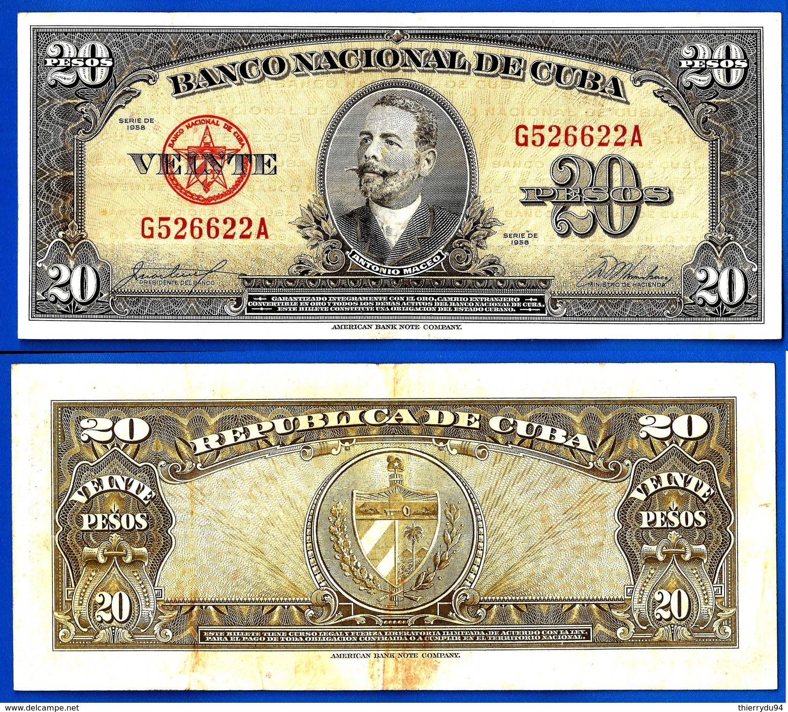 Cuba 20 Pesos 1958 Antonio Maceo Peso Centavos - Cuba