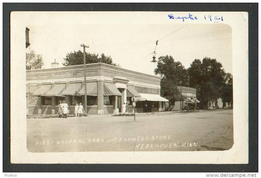 USED 1921, USA , KERKHOVEN, MINN., FIRST NATIONAL BANK AND FARMERS STORE, VINTAGE  REAL PHOTO POSTCARD - Other & Unclassified