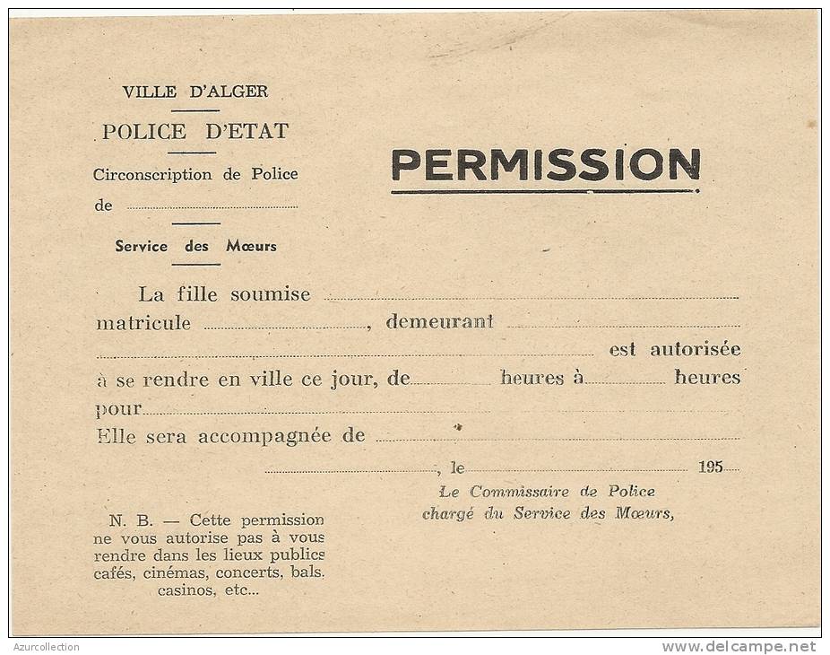 PROSTITUTION.ALGERIE . FORMULAIRE - Documents Historiques