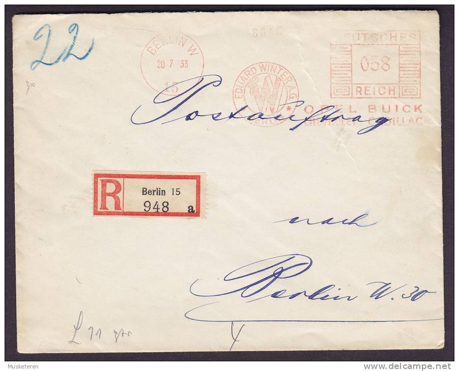 Germany Deutsches Reich Registered Recommandée Einschreiben BERLIN Label EDUARD WINTER A.G. Meter Stamp Cover Brief 1933 - Franking Machines (EMA)