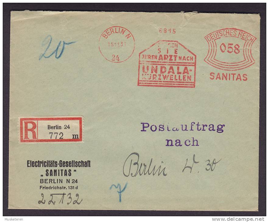Germany Deutsches Reich Registered Recommandée Einschreiben BERLIN Label "SANITAS" 6815 Meter Stamp Cover Brief 1933 - Machines à Affranchir (EMA)