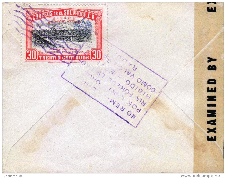 RG)1945 EL SALVADOR, CUSCATLAN BRIDGE, PAN AMERICAN HIGHWAY 8 & 30 CTS, WWII CENSORED, AIR MAIL CIRCULATED COVER TO USA - El Salvador