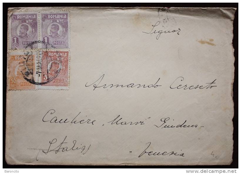 ROMANIA - Lettera Per Venezia Affrancata Con Coppia L.1 Lilla+Bani 50 Arancio+L.5 Marrone Chiaro Re Ferdinando. 1927 - Poststempel (Marcophilie)