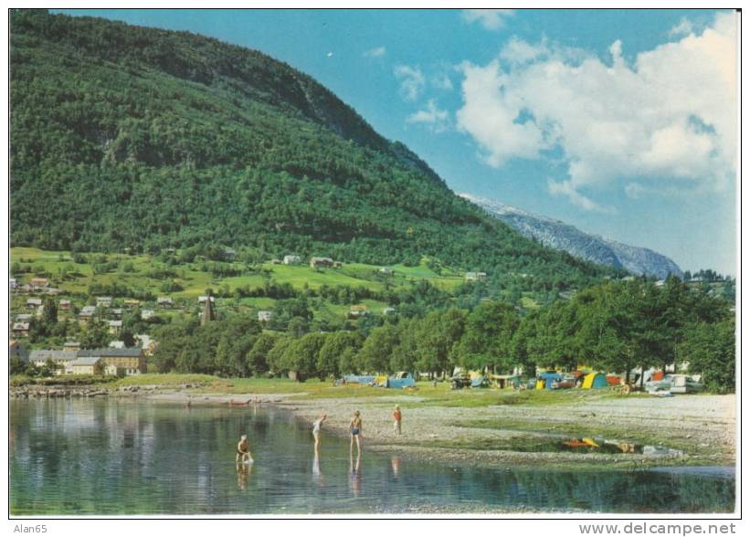 Voss Norway, Camping Ground On Lake, Tents, Town On Hill On C1970s Vintage Postcard - Norvège