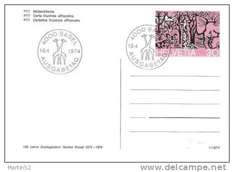 Suisse 1974: Centenaire Du Zoo De Bâle: Entier Postal Avec Obliteration Du Premier Jour - Elefanten