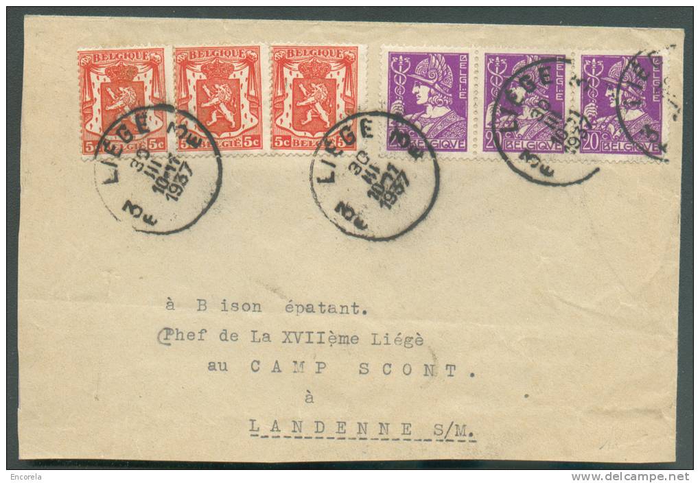 N°338(3)-419(3) - Affr. Combiné Petits Lions (x3) Avec Bande De 3 Du 20 Centimes Mercure Obl. Sc LIEGE 3 S/L. Du 30-III- - 1932 Ceres Und Mercure