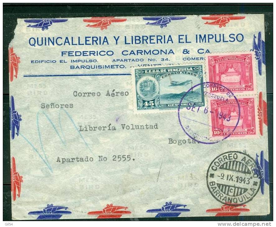 Lettre Vénézuela  Par Avion Barquisimeto Pour Bogota ( Colombie)-  En 1943 - Au2613 - Venezuela