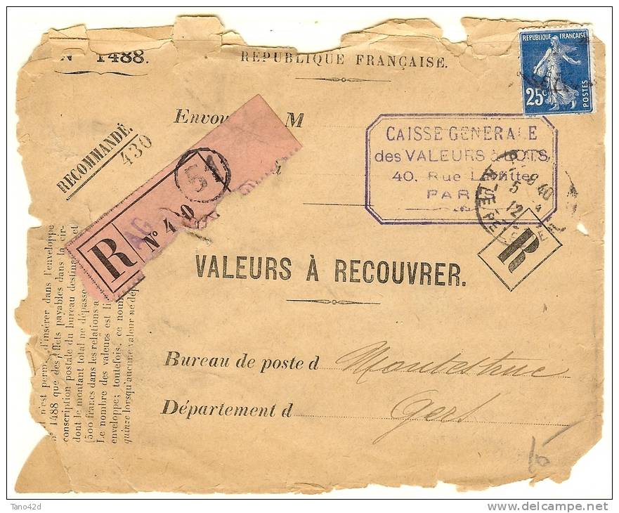 REF LBR32 - FRANCE VALEURS A RECOUVRER - AFFR.T SEMEUSE CAMEE 25c AVEC SON CONTENU - 1859-1959 Covers & Documents