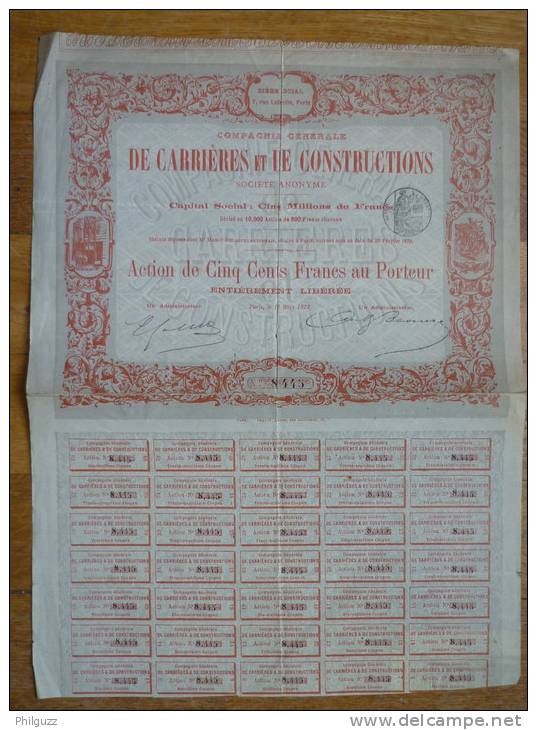 ACTION COMPAGNIE GENERALE DE CARRIERES ET DE CONSTRUCTIONS -  1878 TITRE 8445 - Mines