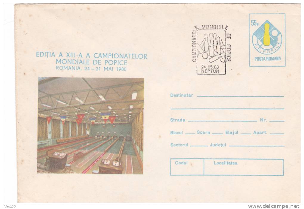 Bowling World Cup  1980 Neptun Cover Stationery Entier Postal Oblit Concordante Rare! Romania. - Pétanque