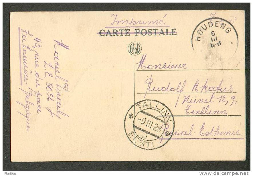 1928 BELGIUM, La Louviere, LA GARE, OLD POSTCARD  HOUDENG TO ESTONIA, OVERPRINT 35 ON 40 C - La Louvière