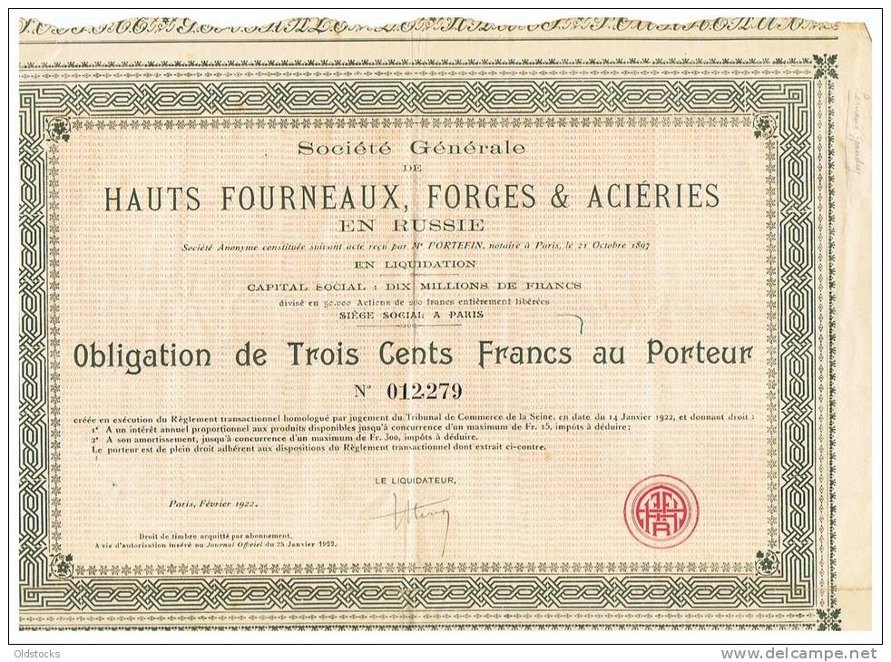 RUSSIE Socièté Générale De Hauts Fourneaux Forges & Acièries En Russie Obligatio - Russie