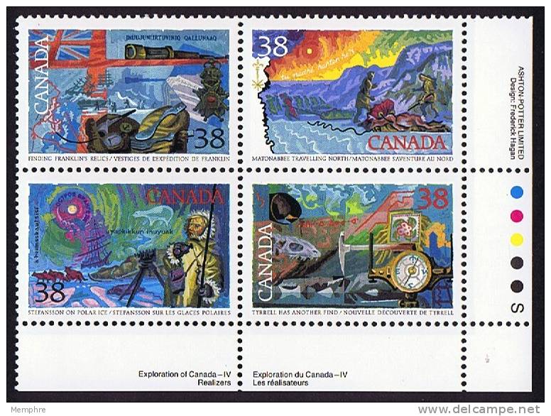 1989  Canadian Explorers: Matonabbee, Franklin, Tyrell, Stefansson   Sc 1233-6 Se-tenant Plate Block  MNH ** - Neufs