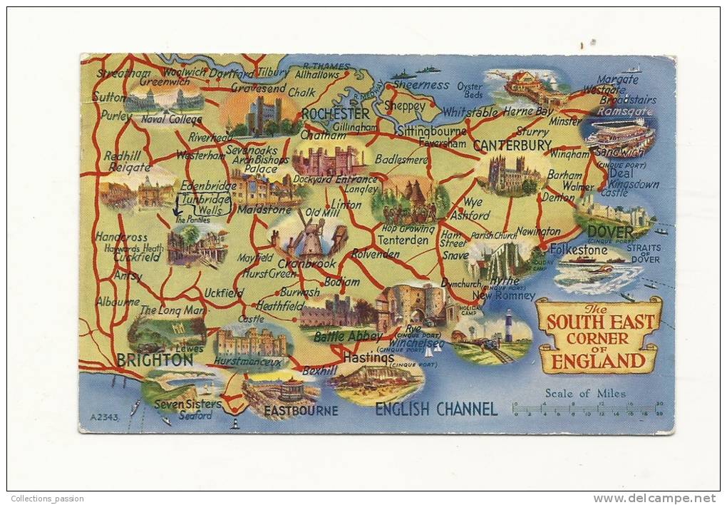 Cp, Carte Géographique, The South East Corner Of England, Voyagée 1963 - Carte Geografiche