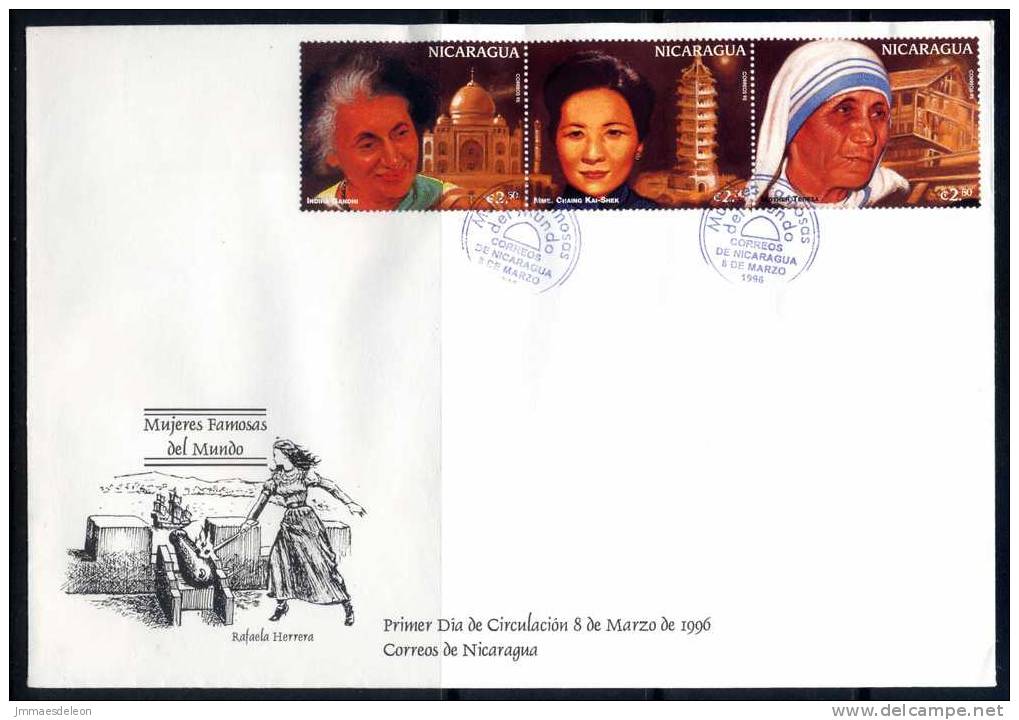 Nicaragua 1996 - 3 FDC Important Women - Indira Gandhi Mme Chiang Kai-shek Mother Teresa Margaret Tatcher - Nicaragua