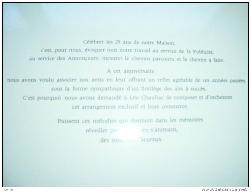 DISQUE PUBLICITAIRE  1959 EDITE PAR SYNERGIE A L'OCCASION DE SON 25em ANIVERSAIRE SOUS LA DIRECTION DE LEO CHAULIAC - Formati Speciali