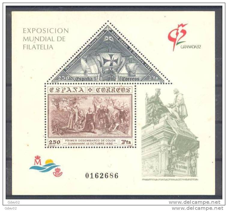 ES3195-LA197TH-España Spain Espagne COLON .EXPO MUNDIAL.GRANADA 1992  (Ed 3195**) Sin Charnela.LUJO - Feuillets Souvenir