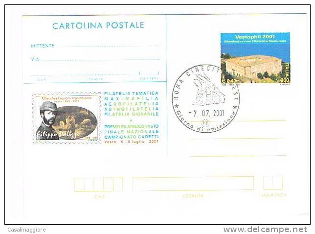 ITALIA - CARTOLINA POSTALE 2001 VASTOPHIL EURO 0.41 - LIRE 800 ANNULLO 7.07.2001GIORNO DI EMISSIONE - Interi Postali