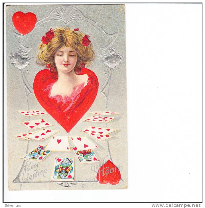 Embossed Queen Of Heart Hearts Playing Cards To My Valentine 1912 - Saint-Valentin