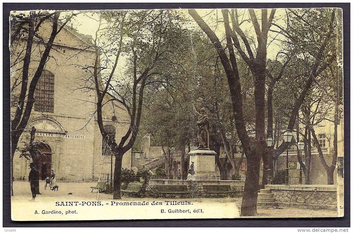 CPA  ANCIENNE- FRANCE- SAINT-PONS (34)- LA PROMENADE DES TILLEULS COLORISÉE- LE MONUMENT- ANIMATION- - Saint-Pons-de-Thomières