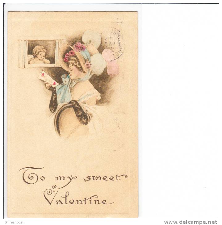 Sweet Valentine Woman With Letter Cupid Illistration Drawing 1910 - Valentine's Day