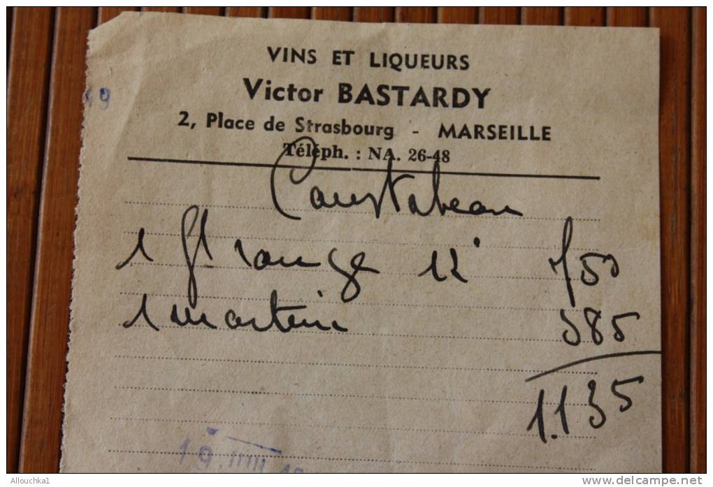 19/7-1940 MINI FACTURE VINS ET LIQUEURS VICTOR BASTARDY PLCE DE STRASBOURG MARSEILLE  1 MARTINI 1 VIN ROUGE - Invoices