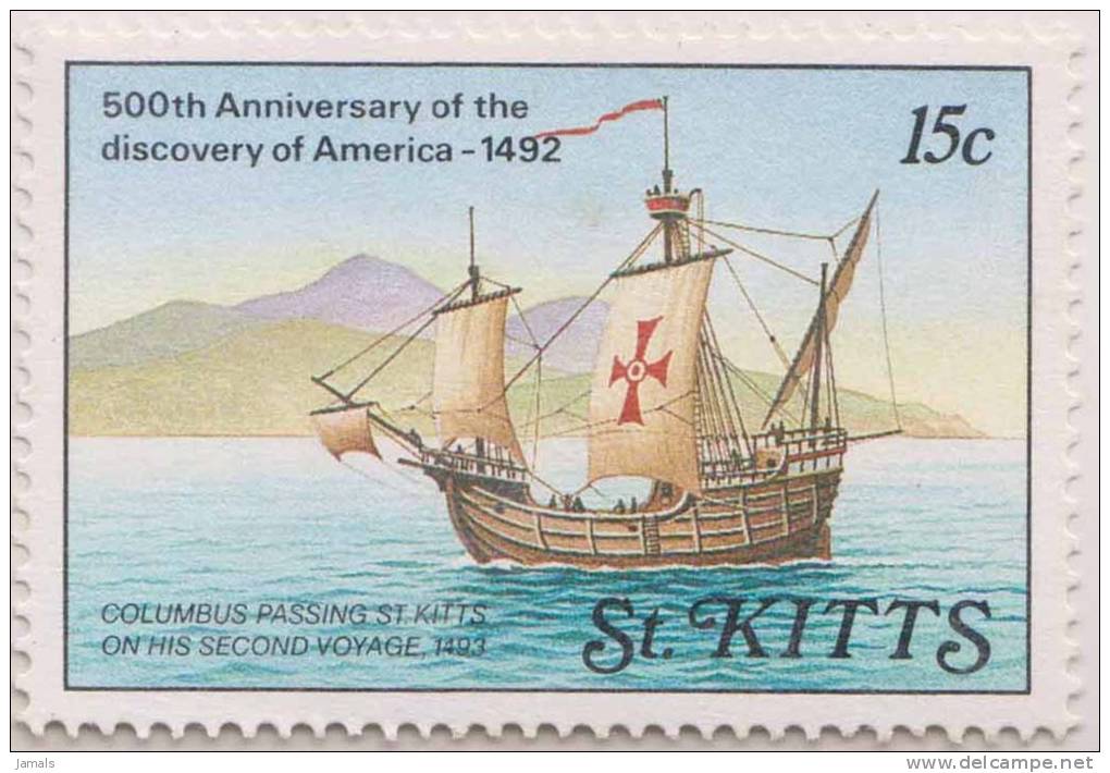 Boat, Mountain, Columbus Passing St Kitts On His Second Voyage Of Columbus, MNH St Kitts - St.Kitts-et-Nevis ( 1983-...)